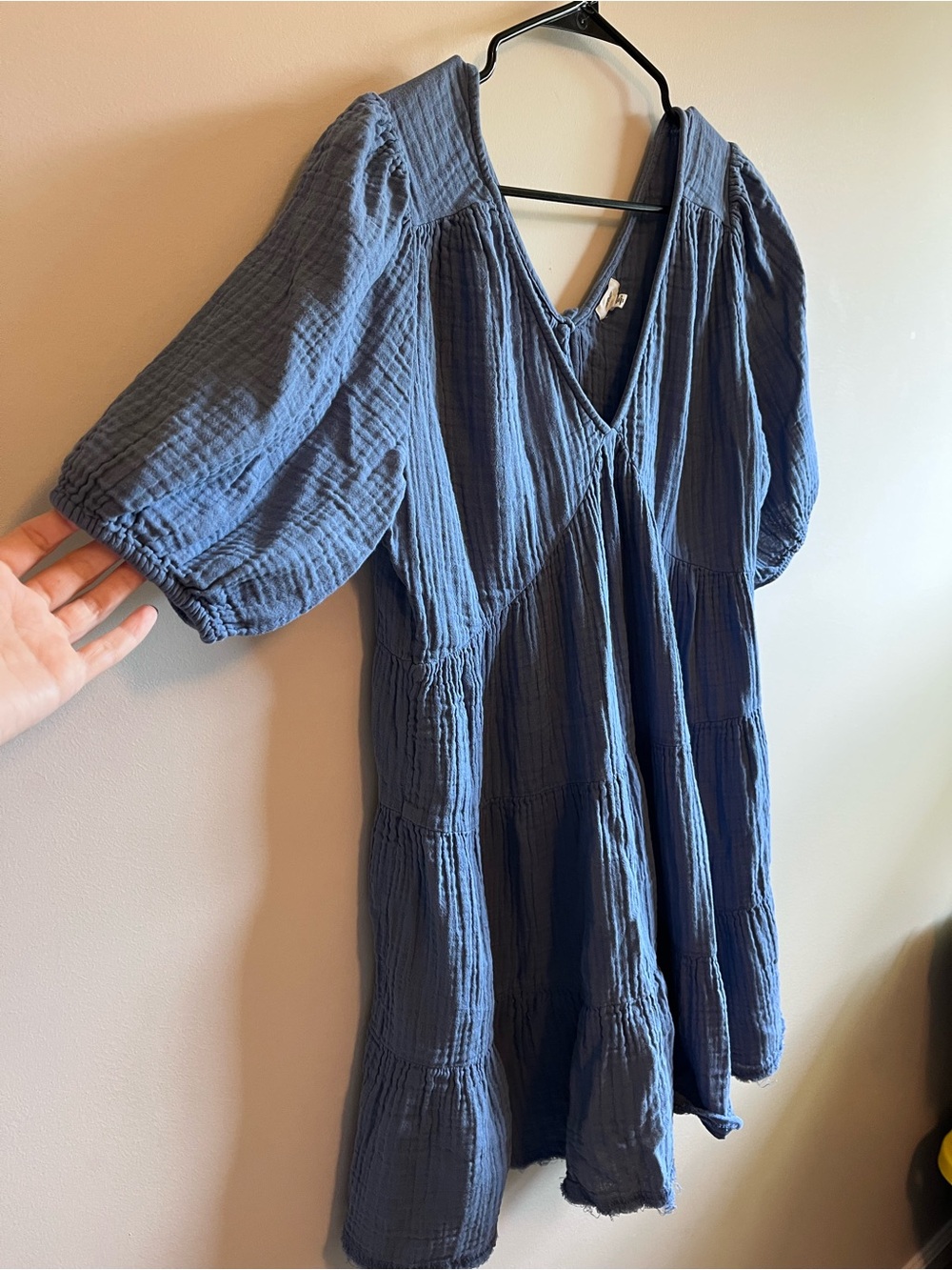 Aerie Blue V-Neck Tiered Puff-Sleeve Women's Mini Dress - Picture 4 of 7